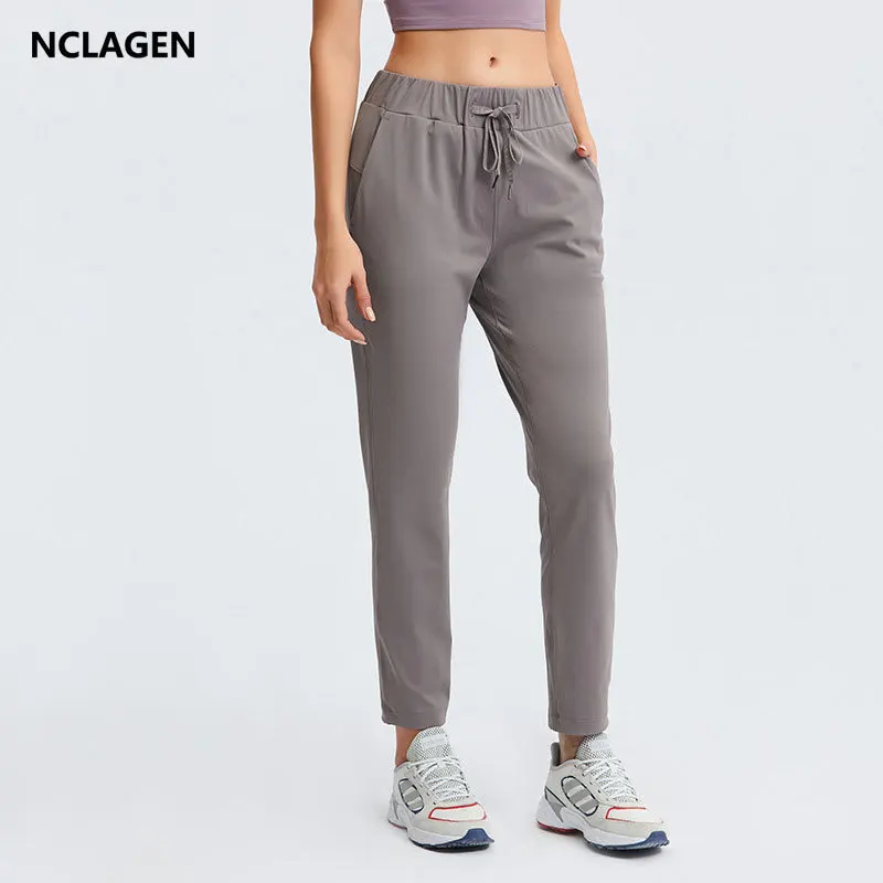 

Спортивные брюки NCLAGEN, женские брюки для отдыха, тренажерного зала, фитнеса, с двумя боковыми карманами, укороченные брюки со шнурком, дышащие эластичные