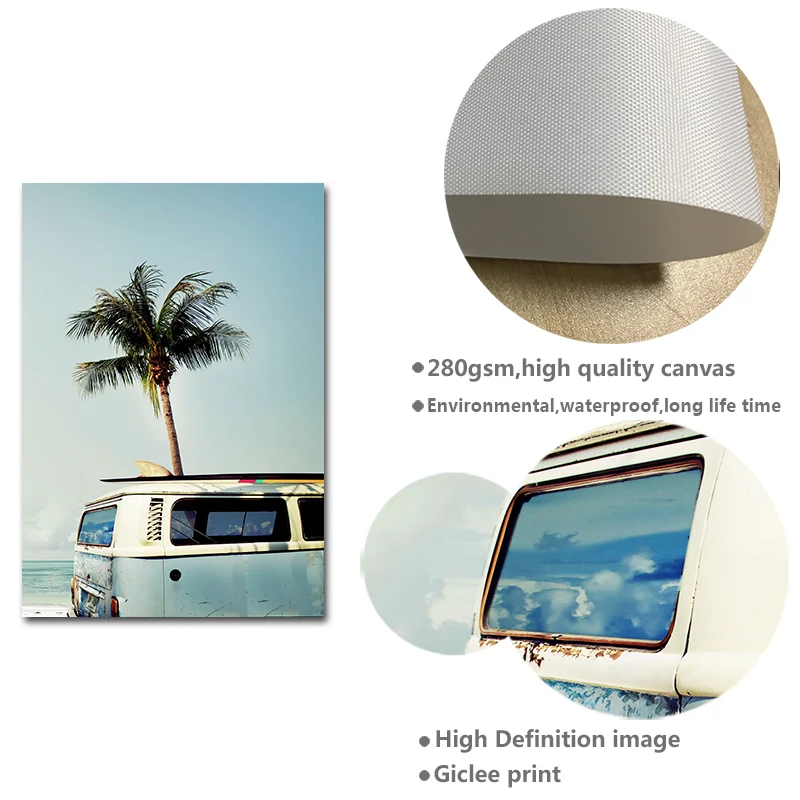 Доска для серфинга пальма автобус пейзаж плакат декор тропического океана