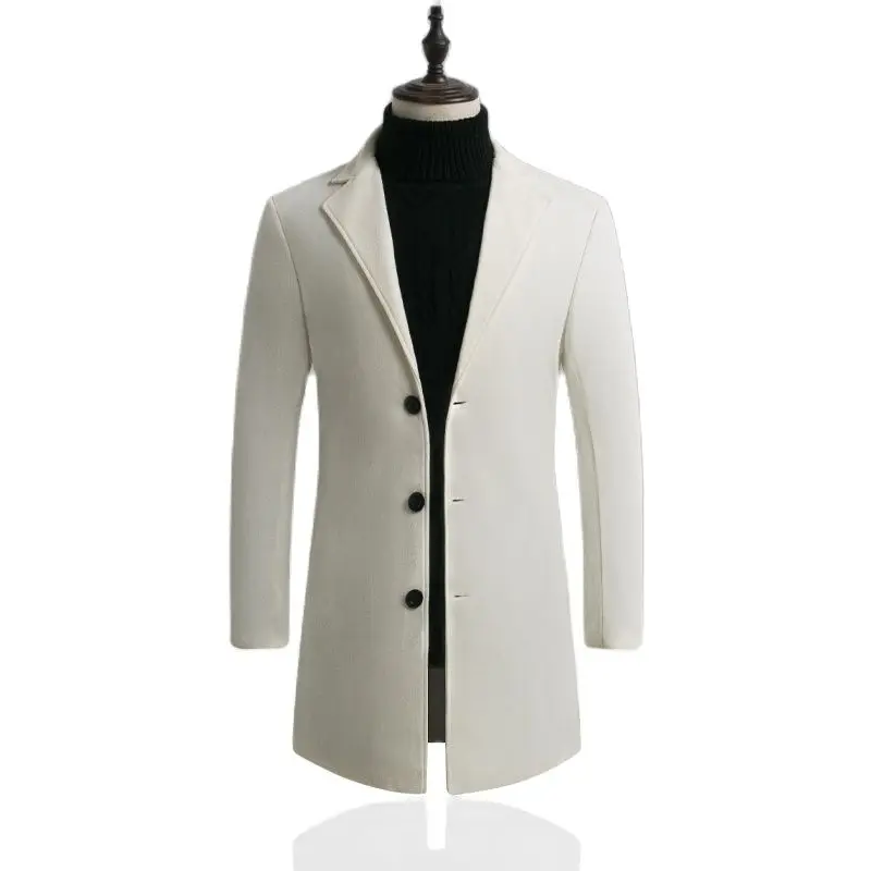 Длинное мужское пальто шерстяное с лацканами на пуговицах однотонная отделка