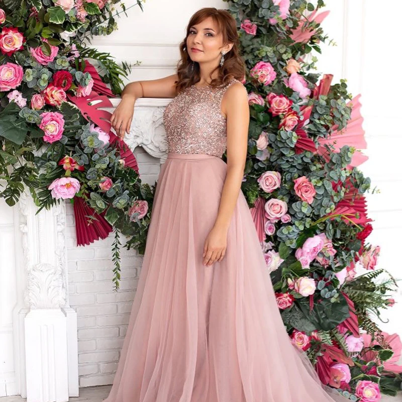 Элегантные вечерние платья 2021 Длинные бальные из тюля с круглым вырезом открытой