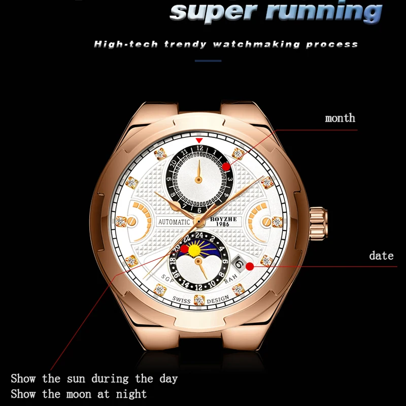 Часы BOYZHE Moonphase мужские Роскошные автоматические водонепроницаемые спортивные