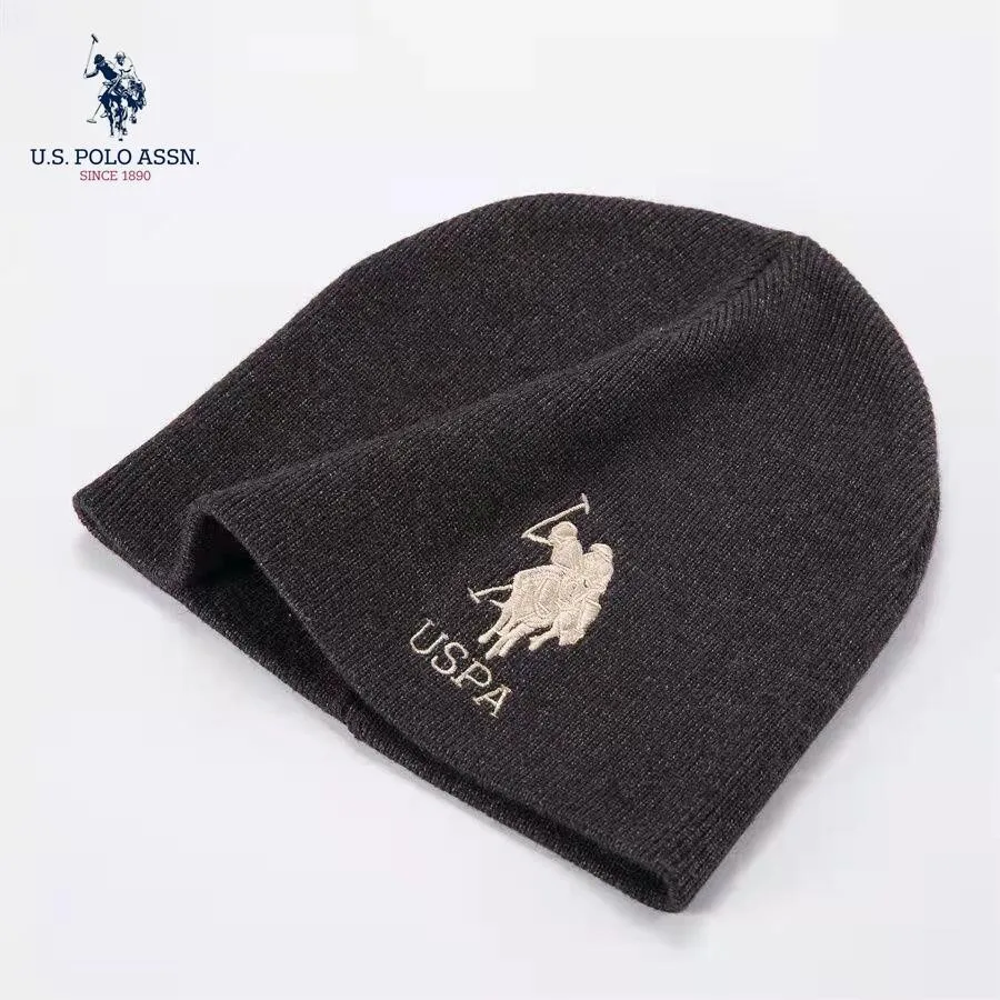 Модная вязаная шапка Us Polo Assn с вышивкой для пары черная осенне-зимняя теплая