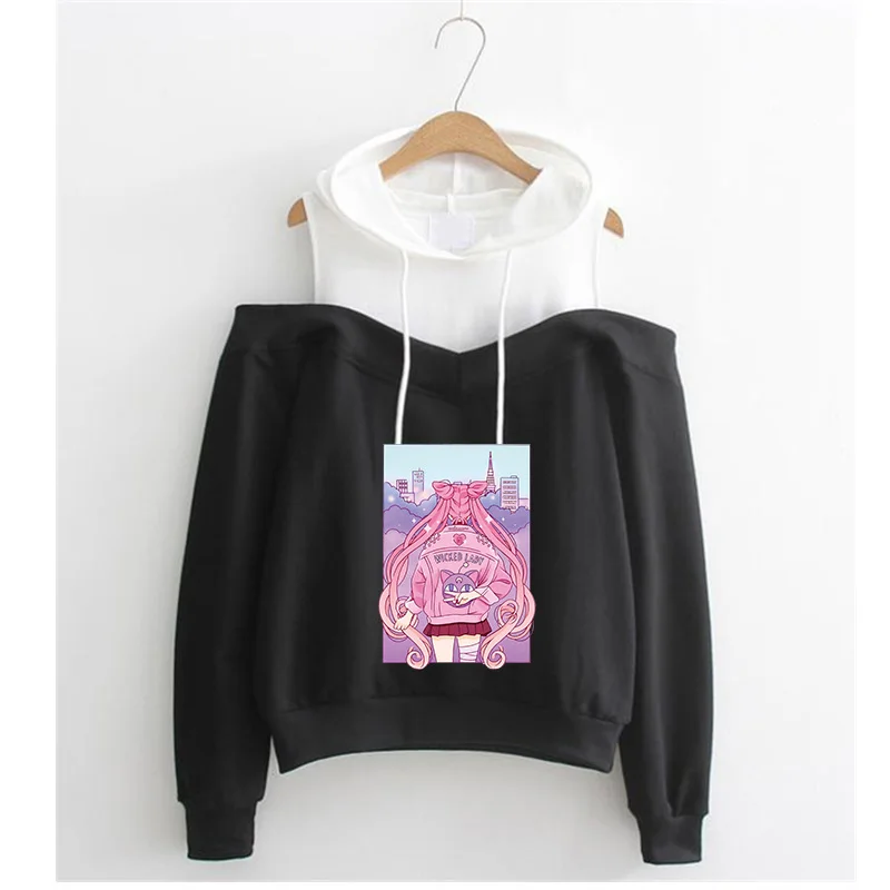 

2021 Sailor moon hoodie clothes kawaii tops hoodie female sailor moon cat shirt off shoulder sweatshirt femme girls woman hoodie