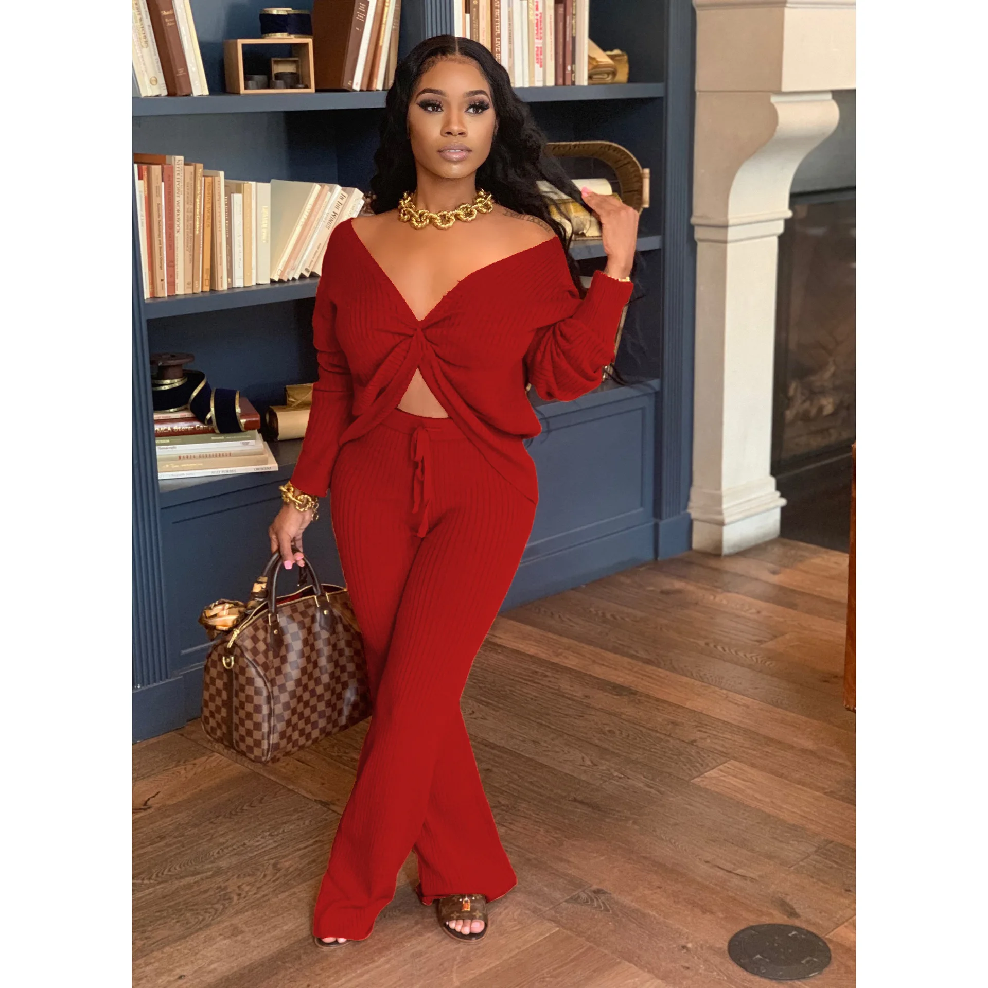

Autumn 2020 new fashion solid color sexy two piece set casual slim V-Neck long sleeve shirt and trousers women's suit