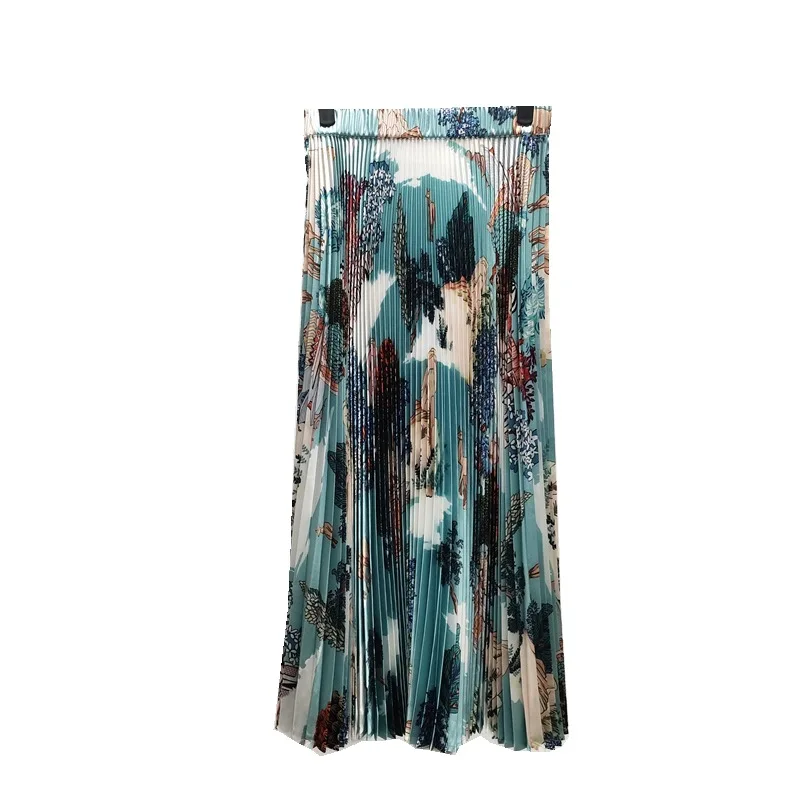 

Spring And Summer New Pleated Skirt Women's Long High Waist Retro Printing Niche Design