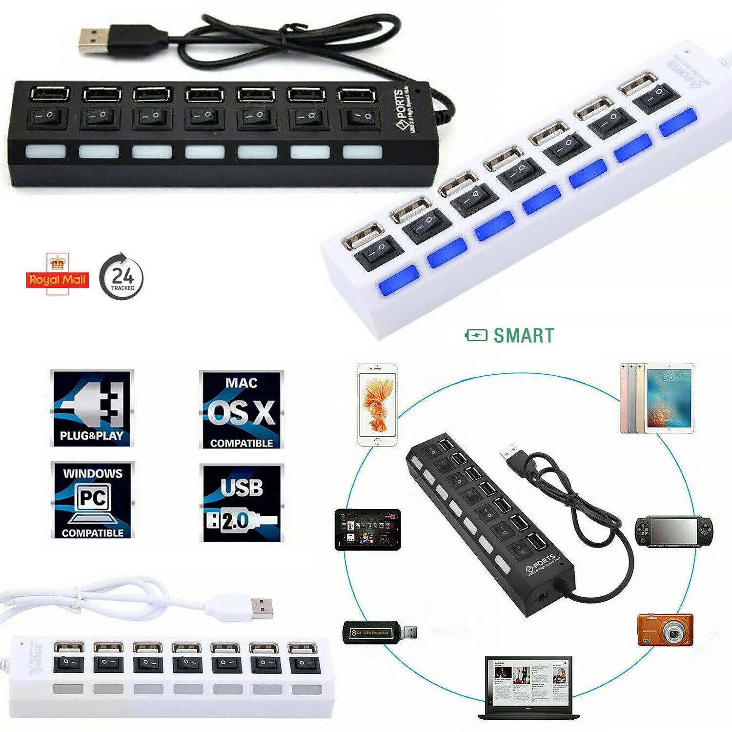 

High Speed 7-Port USB HUB 2.0 Multi Splitter Expansion Laptop Desktop PC Adapter
