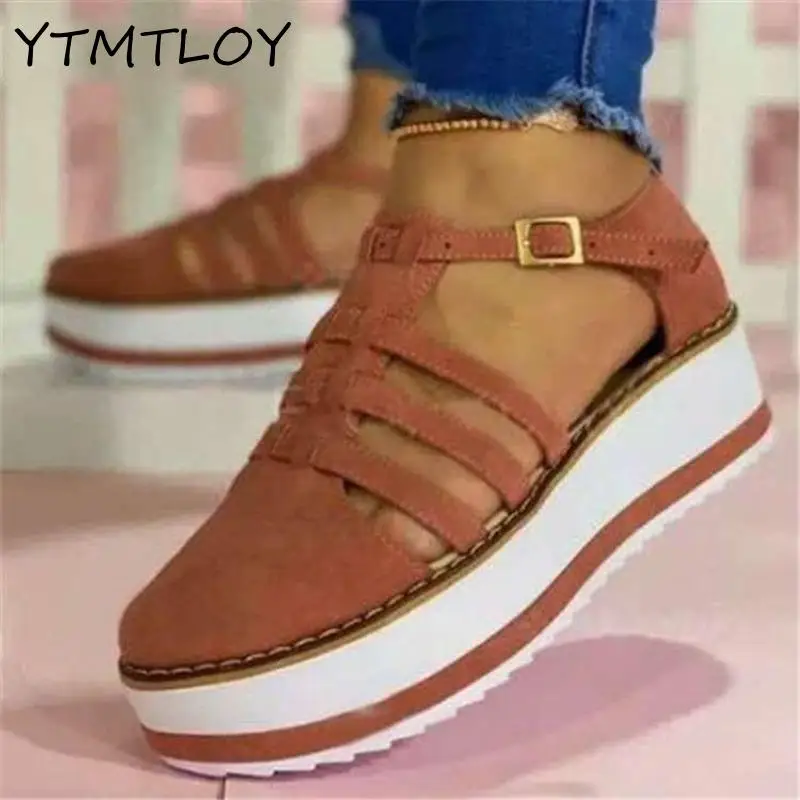 Thick-soled 2021 New Women's Shoes Solid Wedge Sandals Buckle Casual | Обувь