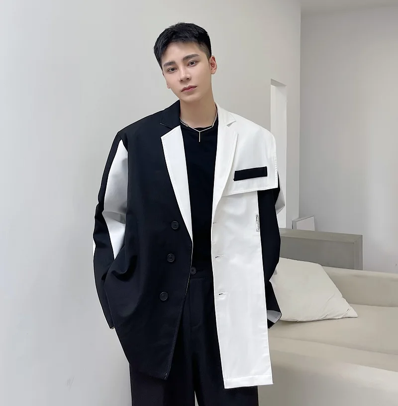 Black White Splice Blazers Men Harajuku Streetwear Fashion Casual Suit Jacket Male Korean Dress Suit Coat Blazer Outerwear