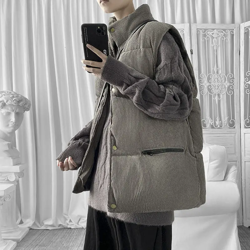 

Winter Thicken Corduroy Vest Men's Fashion Retro Casual Stand-up Collar Vest Coat Men Streetwear Korean Style Vest Jacket Mens