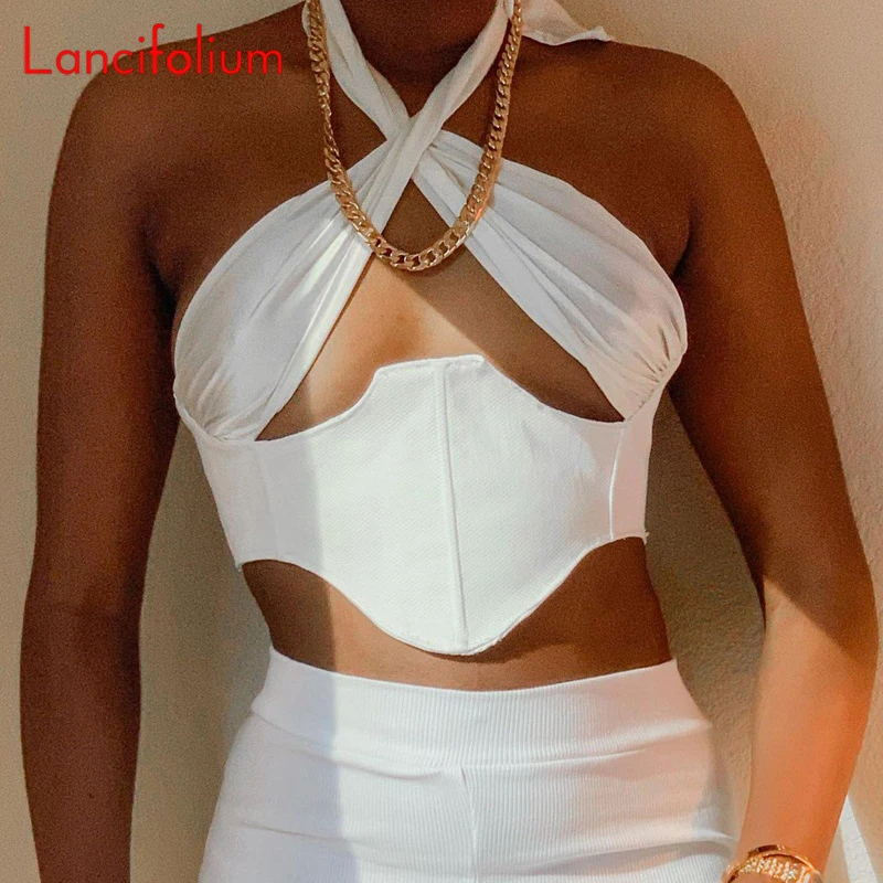 

Sexy Halter Wrap Crop Tops Women Summer Sleeveless Club Rave Backless Bustier Cropped Y2k Streetwear Egirl White Croset Tank Top