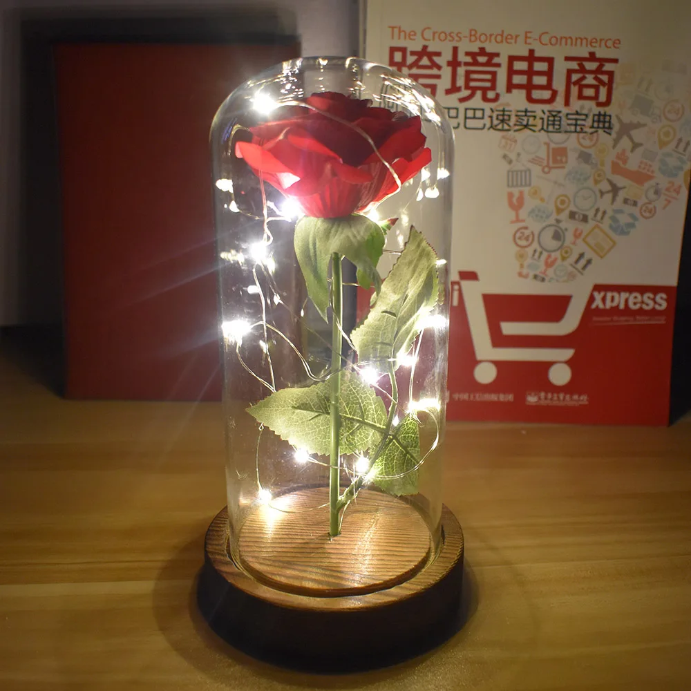 

Beauty And The Beast Artificial Flowers Rose With In Glass Dome For Party Valentine's Day Christmas LED Rose Lamps Flower Gift