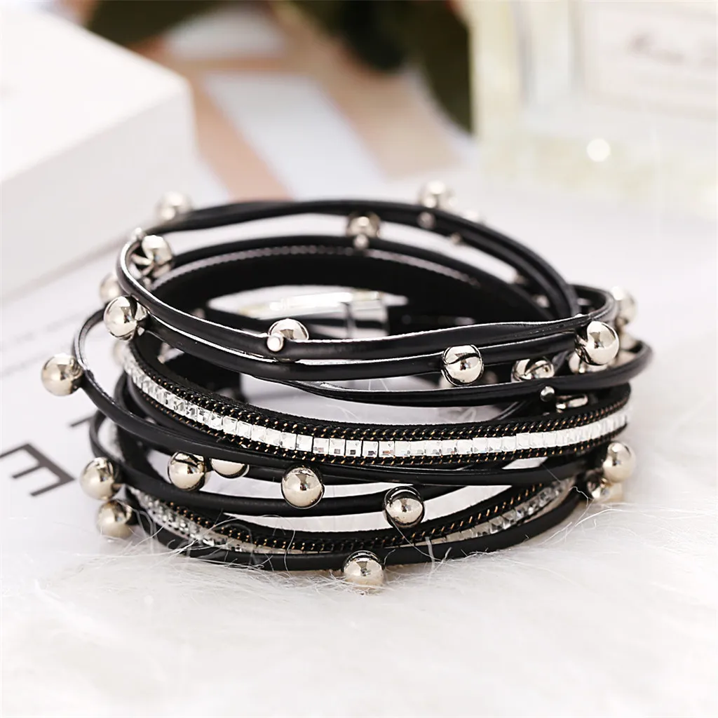 Новый трендовый женский браслет из нескольких кожаных бусин с веревкой на