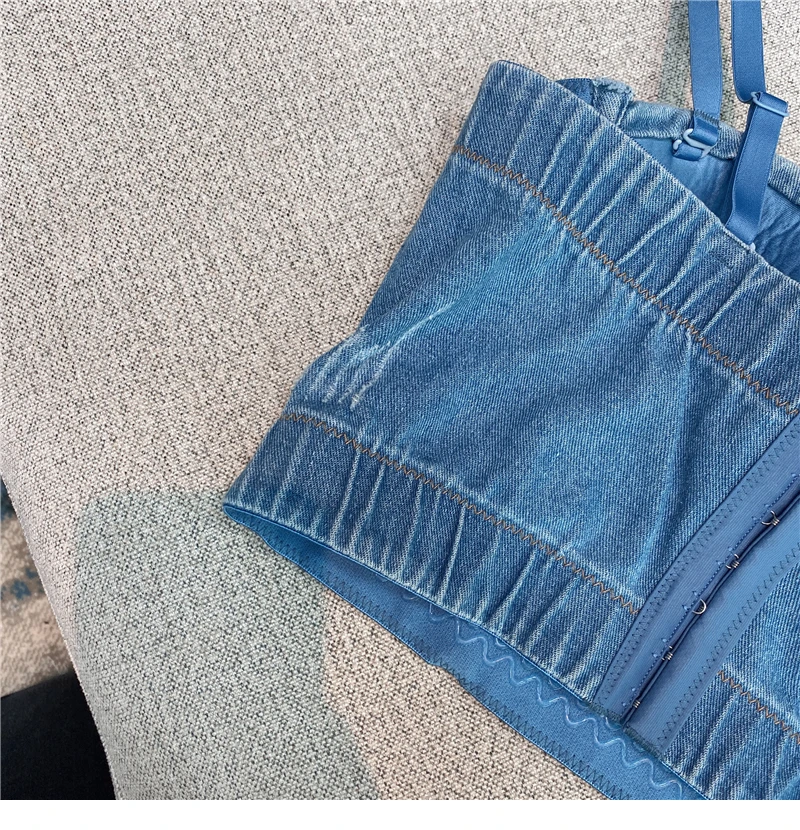 2020 Fall Winter Woman Slim Fit Three-Dimensional Cup Rhinestone Short Denim Camisole Top Female Lady Night-Club Wear Bra