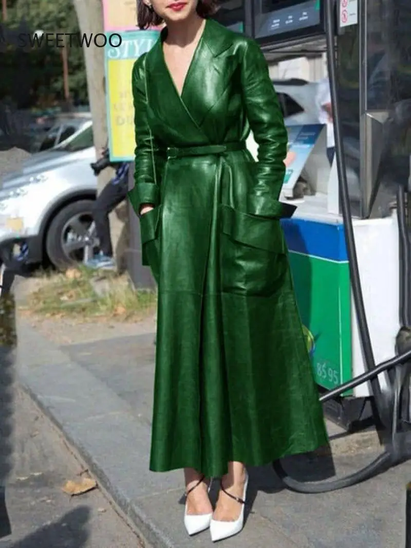 Women's Leather Coat Solid Color Lapel Pocket Coat 5Xl Super Long Mesh Pu Suit Collar Coat Fall 2021 Women Clothing