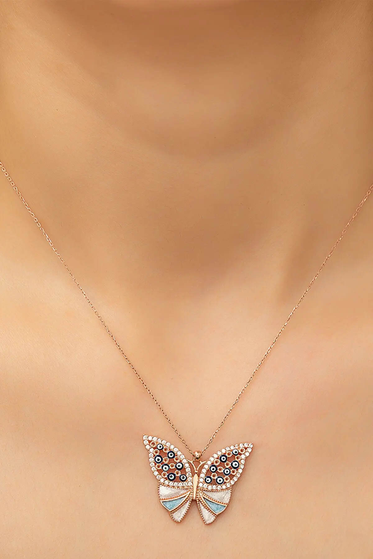 

925 Sterling Silver Enameled Butterfly Necklace Plated Rose Gold Zircon Stone Blue