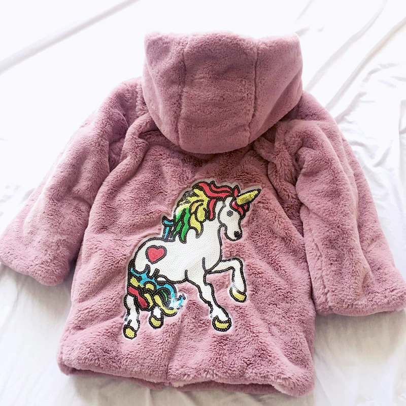 2019 Winter Girls Unicorn Jackets Children's Warm Faux Fur Jacket for Kids Thicken Wool Coat Outerwear Girl Parka | Детская одежда