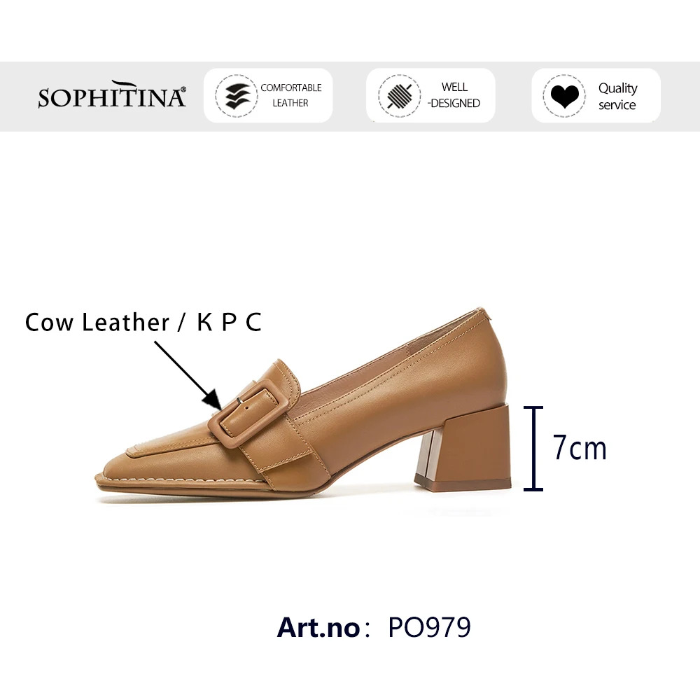 

SOPHITINA Pumps Woman Genuine Leather Square Toe Brown Shallow Buckle Strap Med Square High Heel Dress Shoes PO979