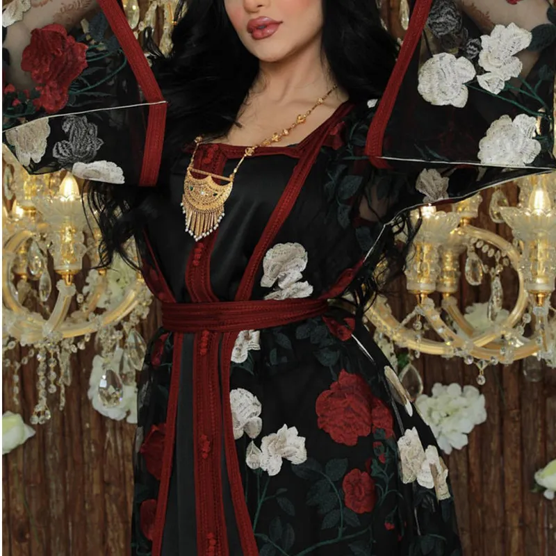 

2022 Full Body Embroidered Lace Mesh Abaya Set Dubai Arabic Turkish Noble Kaftan Long Dress Muslim Islamic Women Clothing