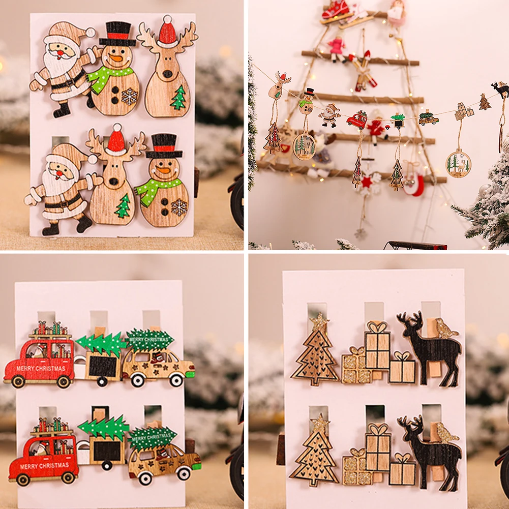 

6Pcs Santa Car Snowman Elk Xmas Tree Wooden Clips Photo Clips Clothespin Craft Decoration Clips School Office clips Party Decor