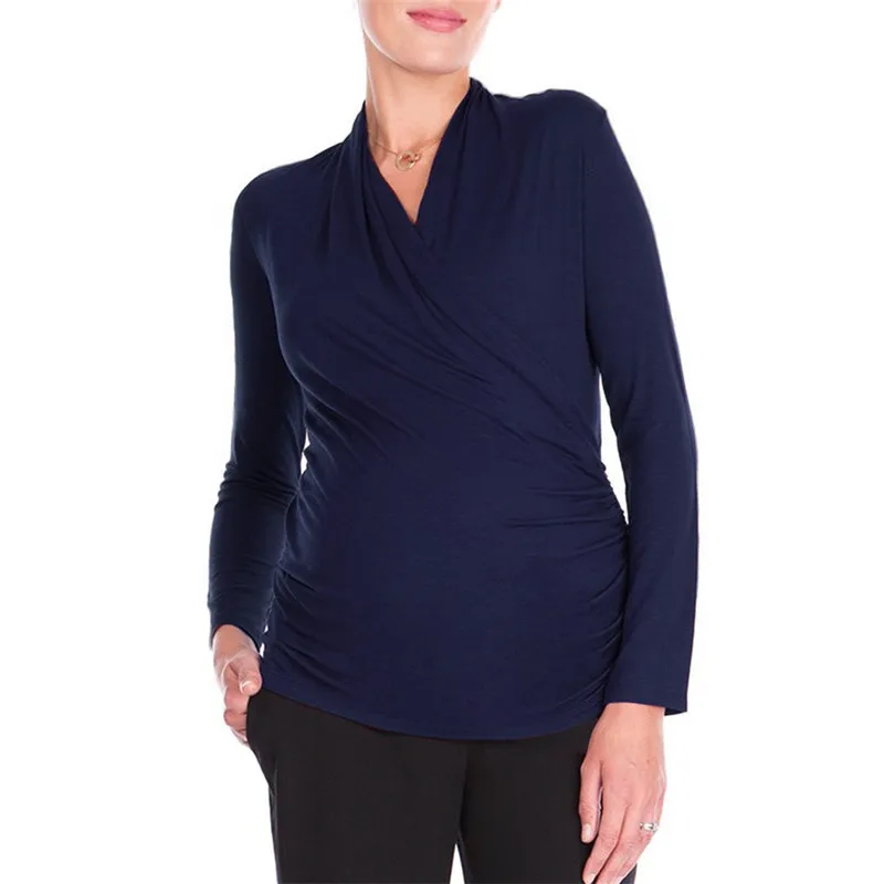 

Maternity long sleeve spring and autumn maternity care top with folded cross neckline on both sides