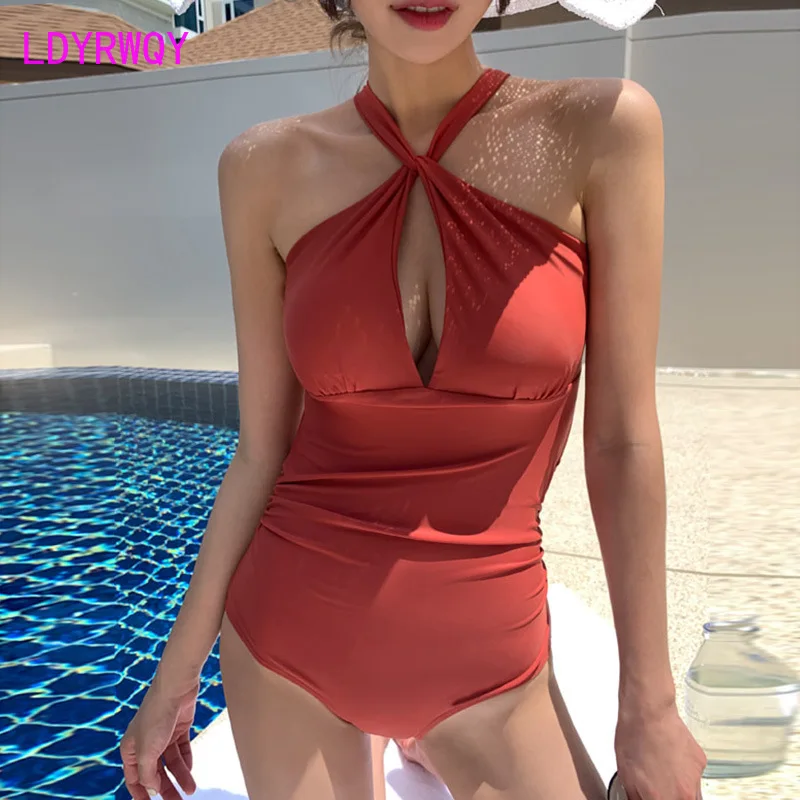 

LDYRWQY 2021 Новый однотонный треугольный купальник с лямкой на шее, с небольшой грудью, соблазнительный купальник бикини