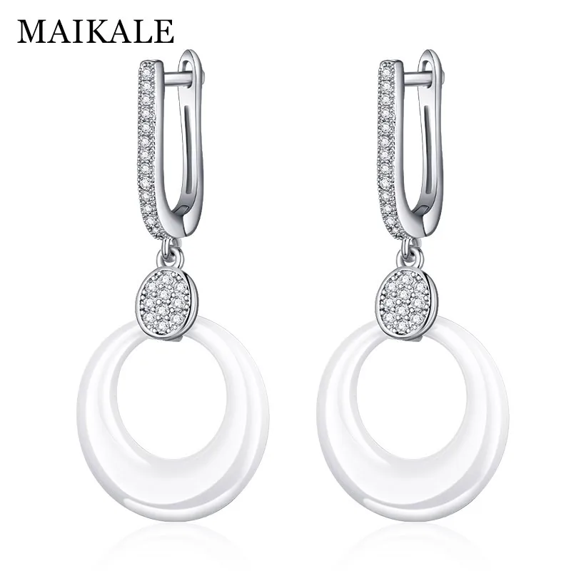 silver white MAIKALE, Простые Модные круглые висячие серьги, медь AAA, кубический цирконий, черные, белые, керамические, золотые, серебряные, цветные серьги для женщин - Окраска металла: silver white