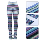 Женские трикотажные длинные брюки с высокой талией, Разноцветные полосатые хипстерские облегающие плиссированные штаны, вязаные крючком узкие брюки, уличная одежда