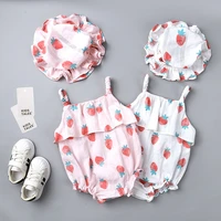 2021 summer new style baby rompers girls strawberry print sling onesies 0 3 years old bodysuits with hat cotton one piece