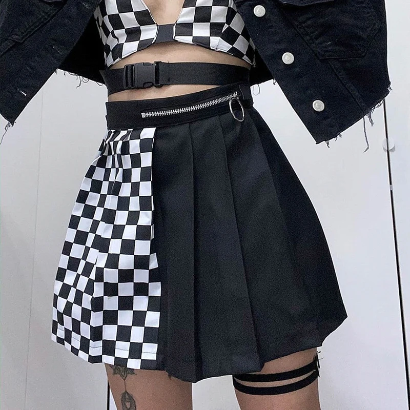 

High Gothic Waist Women Pleated Mini Skirt Patchwork Checkerboard A-line Skirts Female Party Outfits Harajuku Punk Streetwea