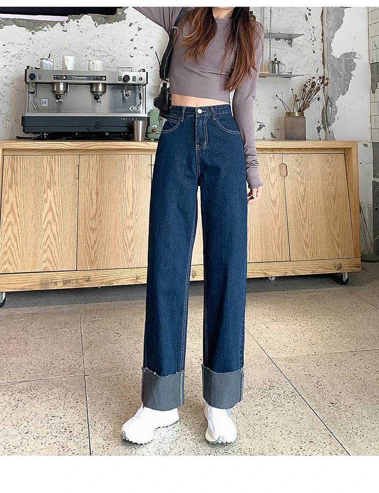 Jeans women 2022 new spring straight jeans chic high waist loose hem thin legs long and wide legs