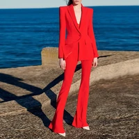 red button long sleeve two piece set 2021 autumn new womens fashion temperament lapel fashion high waist flared trousers sets