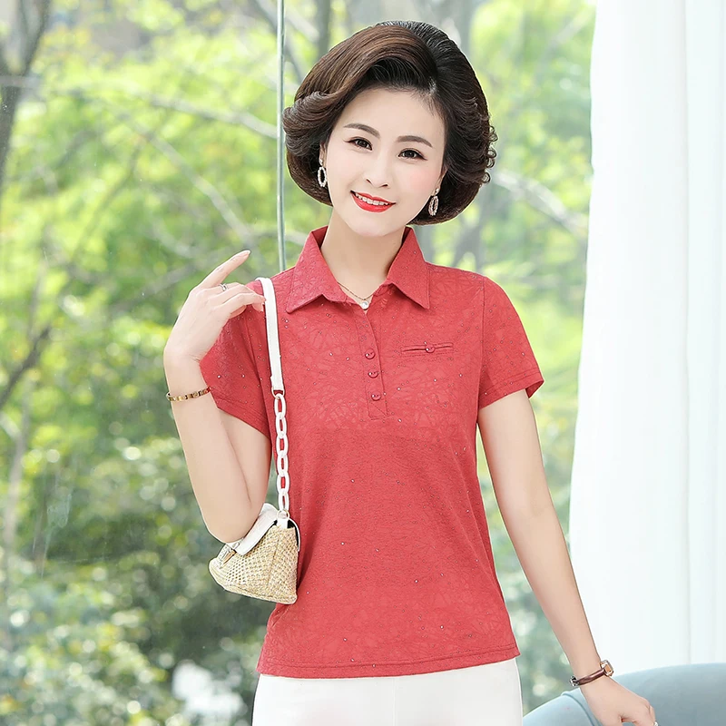 

Summer Middle Aged Women Sequined Polo Shirt Blue Red Bling Fabric Jacquard Weave Turn Down Collar Short Sleeve Top Plus Size