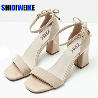 bead ankle strap women casual sandals summer high heel shoes buckle ladies office work sandalias shoes gladiator beige 2021 ac83