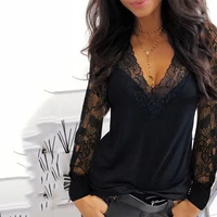 casual v neck lace long sleeve t shirt for women spring winter clothes sexy solid color black tee shirt office lady top