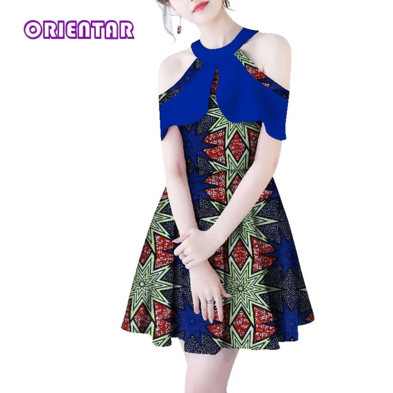 

2021 Summer Women African Dress O-neck Butterfly Sleeve African Wax Print Dress Bazin Riche Mini Dress African Clothing WY027