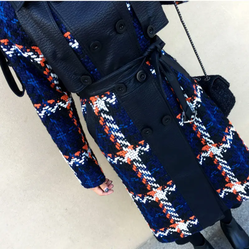 

2019 Fall Winter Fashion Plaid Coat Long Fashion Stitching Tweed Jacket Double-breasted Loose Wool Coat Female Windbreaker f1552