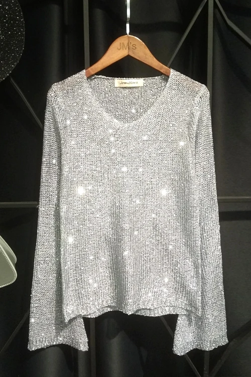 Flare Long Sleeved sweater Women silver Sequins V neck Casual Pullover See-through Bling Slim Knitted Top Lady | Женская одежда
