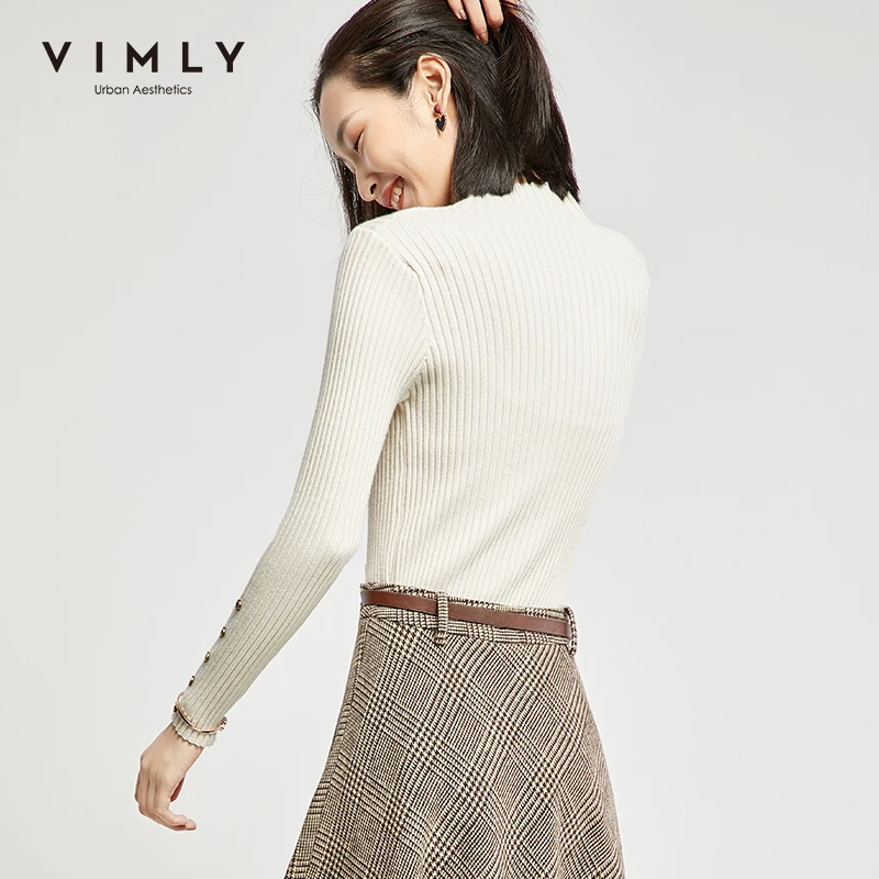 Vimly 2020 Spring Autumn Women Knitted Pullovers Tops Fashion Solid Stand Collar Buttons Slim OL Elegant Female Sweater 99157 | Женская