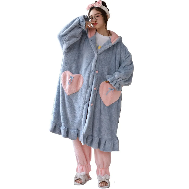 

Women's Pajamas Winter Thickening Plus Velvet Sleepwear Cute Flannel Long Robe Home Service Warm Pajama Set Pyjamas Set Girl