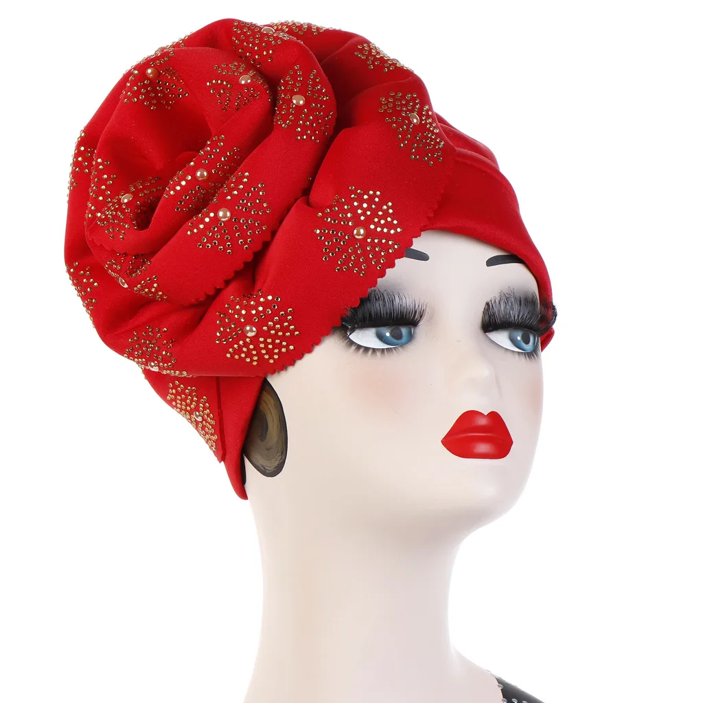 1pcs/lot fashion style Muslim Hat Beanie  Shiny Glitter Turban Hijab female big flower cap with rhinestone