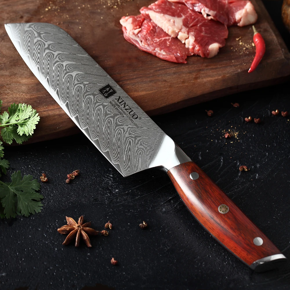 

XINZUO 7 ''inch Japanese Chef Knife High Carbon Damascus Pattern Kitchen Knives Ultra Sharp Stainless Steel Santoku Knife Tools