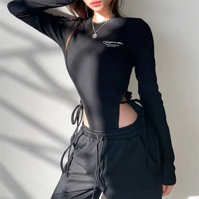 

high-forked waist strap one-piece suit women spring summer new letter printed knitted bottoming shirt slim-fit jumpsuit trend 24