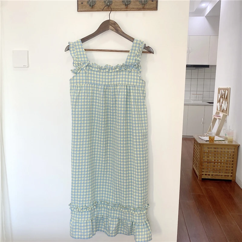 

Hahrajpee Sleepwear Woman Sweet Lovely Nightdress 2021 Summer New Student Loose Casual Home Wear Plaid Pajamas Female Nightgowns