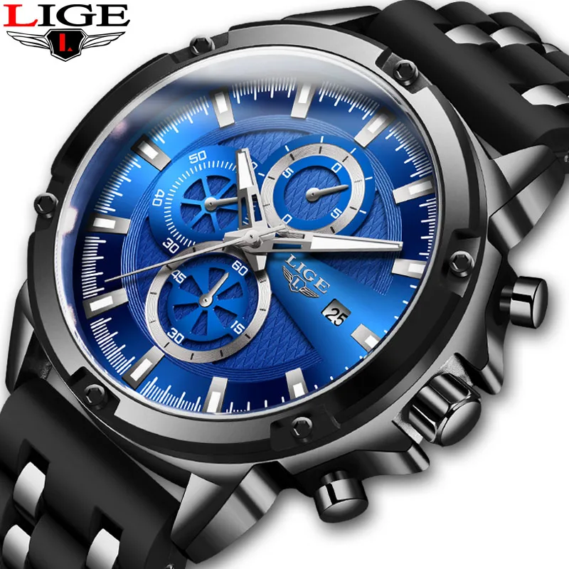 

LIGE New Mens Watches Top Brand Luxury Man Sport Chronograph Quartz Wristwatch Men Silicone Watch erkek saat Relogio Masculino