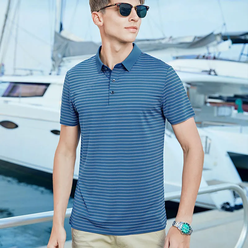 

Men's casual new old loose business lapel POLO shirt with short sleeves dad summer wear thin striped high-end ice silk t-shirts