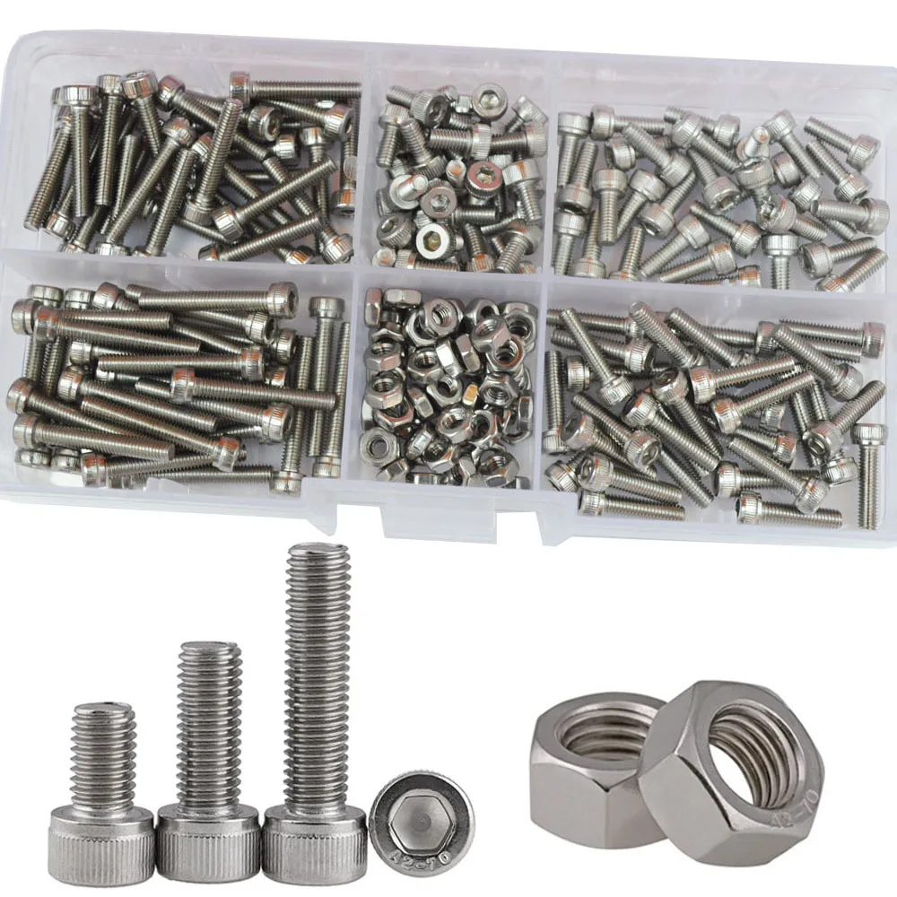 

210pcs M3 Cup Head Hexagon Socket Screw And Nut Set 304 Stainless Steel Cylinder Head Screw And Nut Set
