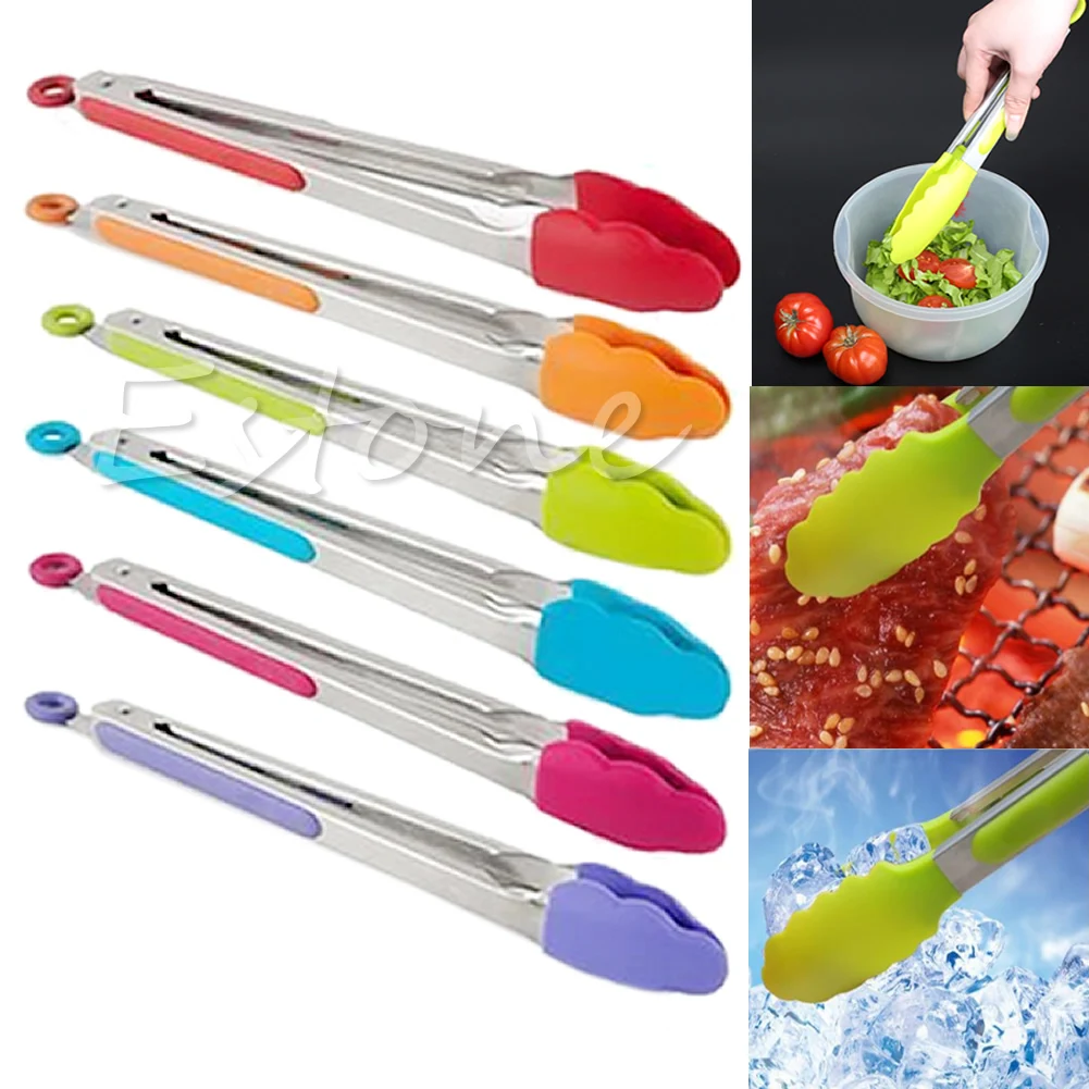 

Silicone Kitchen Cooking Salad Serving BBQ Tongs Stainless Steel Handle Utensil For Kitchen
