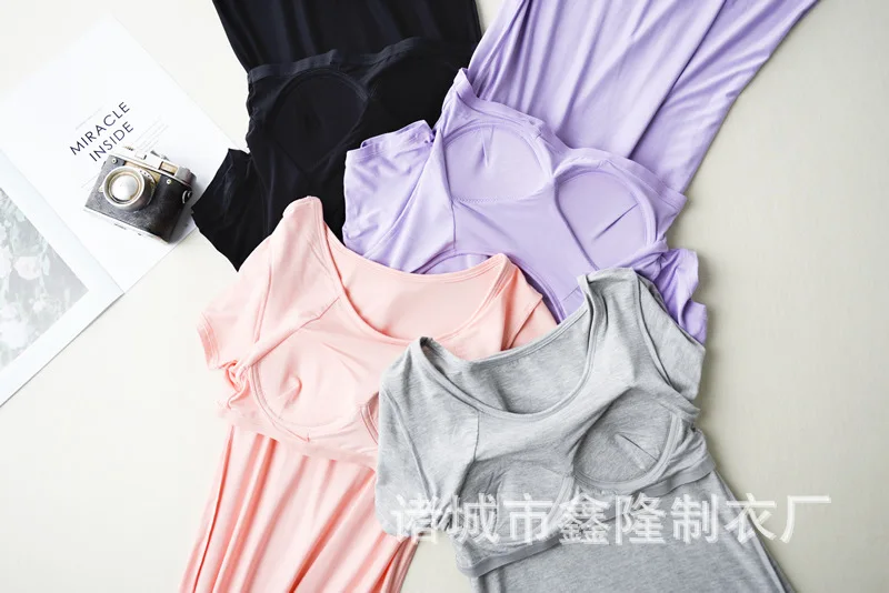 Spring and Summer Modal Short Sleeve Nightdress with Breast Pad No Bra Thin Large Home Dress Women's Home Wear Sexy Nightgown