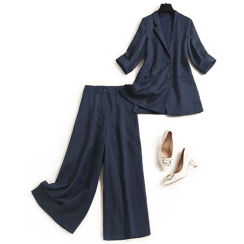 

SHUCHAN Tow Piece Set for Women Summer Three Quarter BlazersOffice Lady Single Breasted V-Neck Regular Full Length Pants