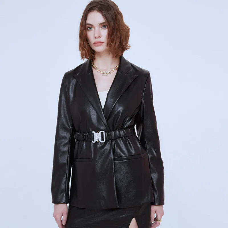 2021 New Black Leather Jacket for Women Suit Collar Jackets Coat Female Belted Fashion Slim PU Faux Leather Jacket Outerwear